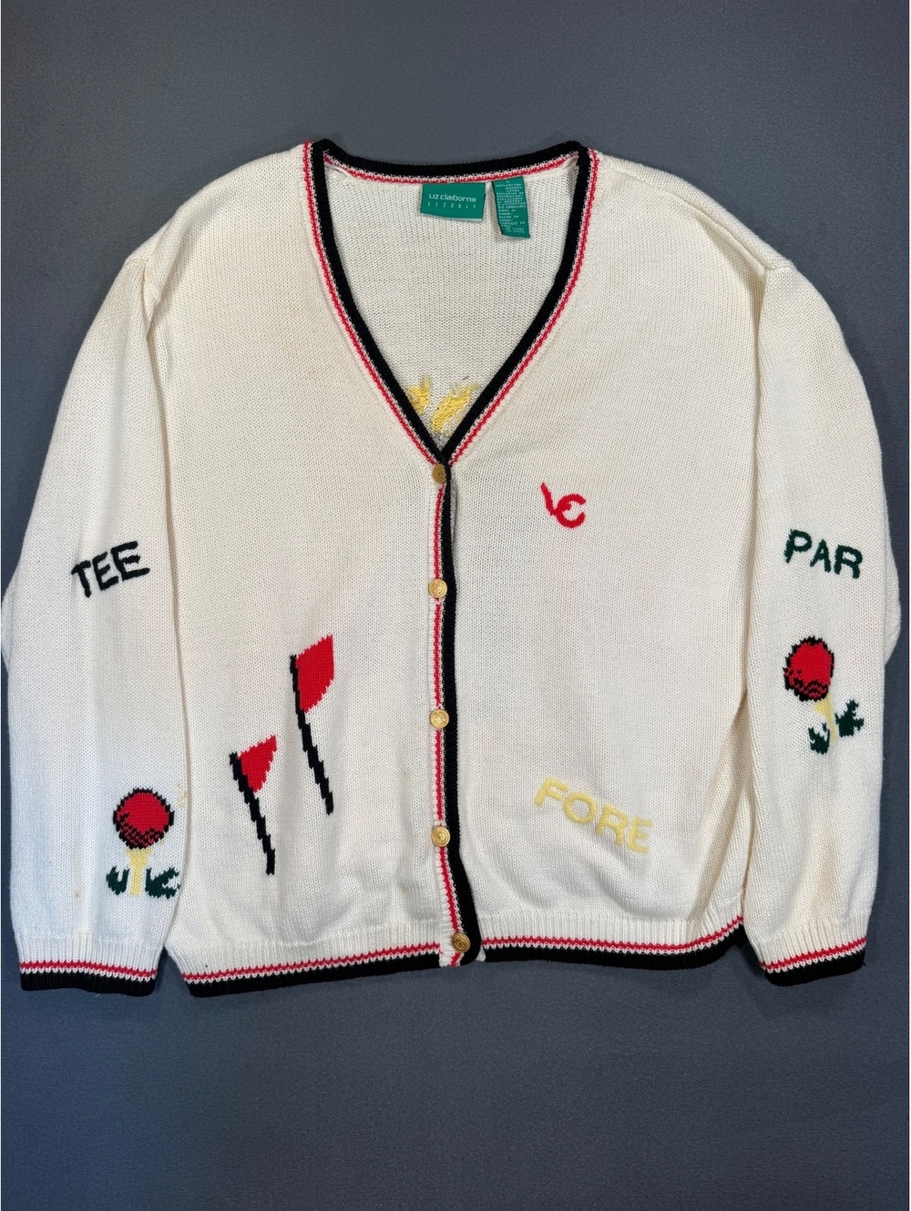 Vintage 90s Liz Claiborne LIZGOLF Cardigan Womens L Golf Novelty Cotton Sweater